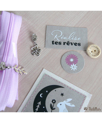 Assortiment Couture créative Etiquettes + zip - Thème: Lapin bohème - Fond gris