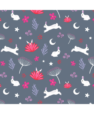 Tissu au mètre motifs "Lapin et bohème" grisbleu -PRECOMMANDE