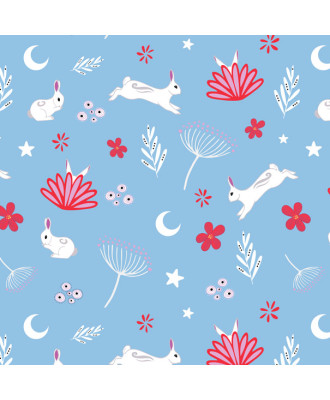 Tissu motifs "Lapin et bohème" bleuC -PRECOMMANDE