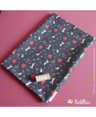 T50x70 -Tissu motifs "Lapin et bohème" grisbleu Coton Bio 185 gr -en stock